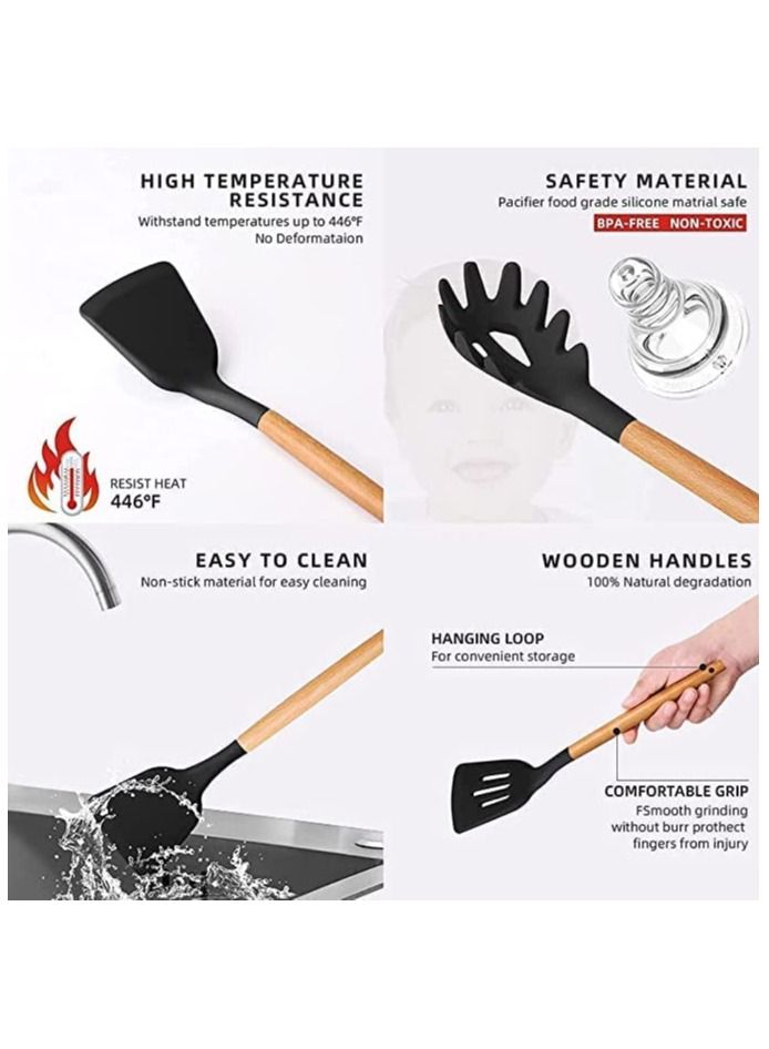 BIG CLICK 12 Pcs Silicone Cooking Utensil Kitchen Set with Organizer Cup Holder, Kitchen Utensils Set with Wood Handles for Nonstick Cookware Set, Great Kitchen Tools - Image 4